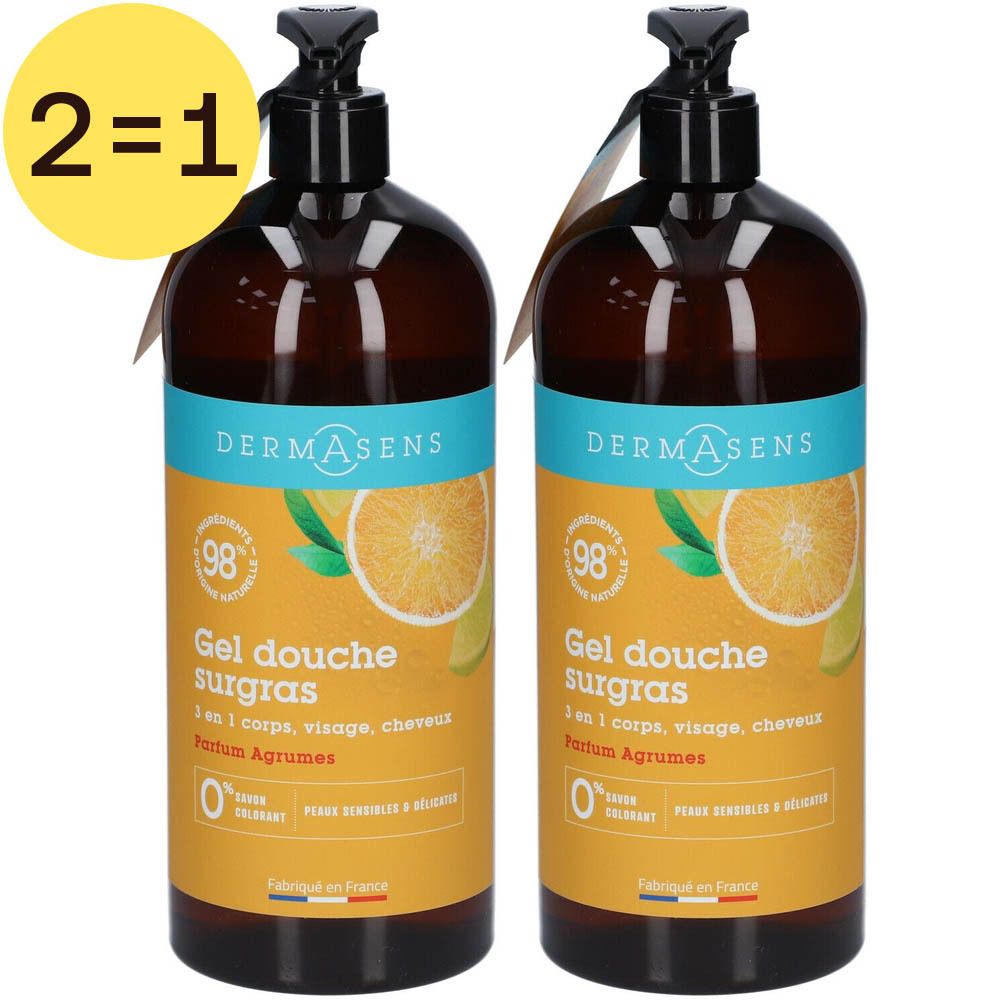 Twee flessen DermAsens Gel Douche Surgras Agrumes. Opschrift: 2=1, 98%, Gel douche surgras, Parfum Agrumes. Met doseerpomp.