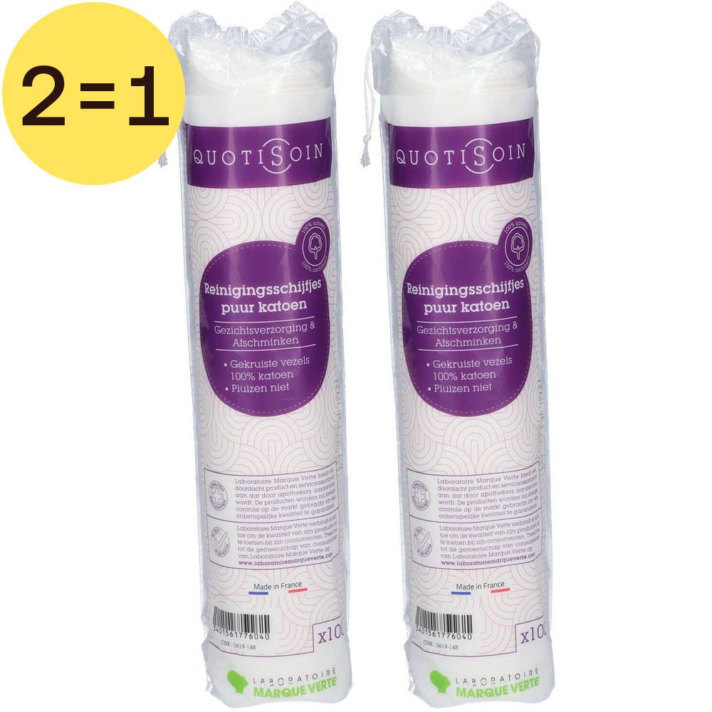 Twee rollen wattenschijfjes. Opschrift: QUOTISOIN, Reinigingsschijfjes puur katoen. Sticker 2=1.