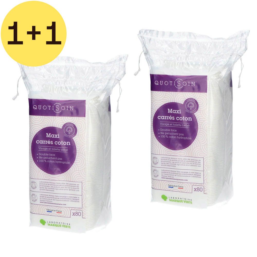 Twee zakken wattenschijfjes. Opschrift: QuotiSoin, Maxi carrés coton. 2=1 actie. Verpakking met trekkoord.