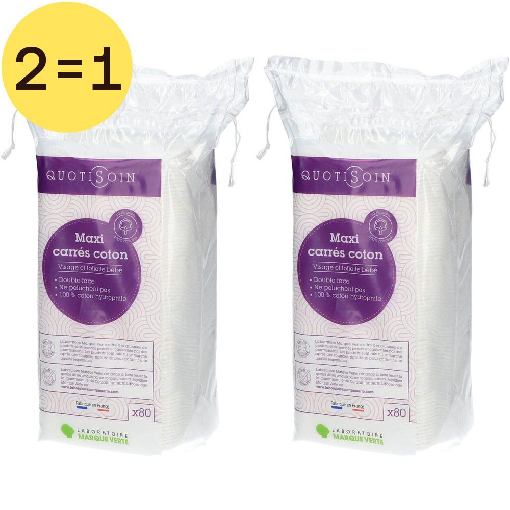 Deux paquets de carrés coton. Inscription: QuotiSoin, Maxi carrés coton. Offre 2=1. Emballage avec cordon de serrage.