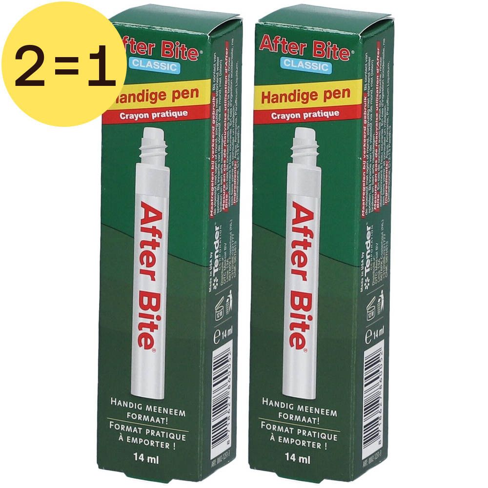 Deux boîtes vertes avec stylo blanc. Inscription After Bite, Handige pen, 14 ml. Cercle jaune avec 2=1.