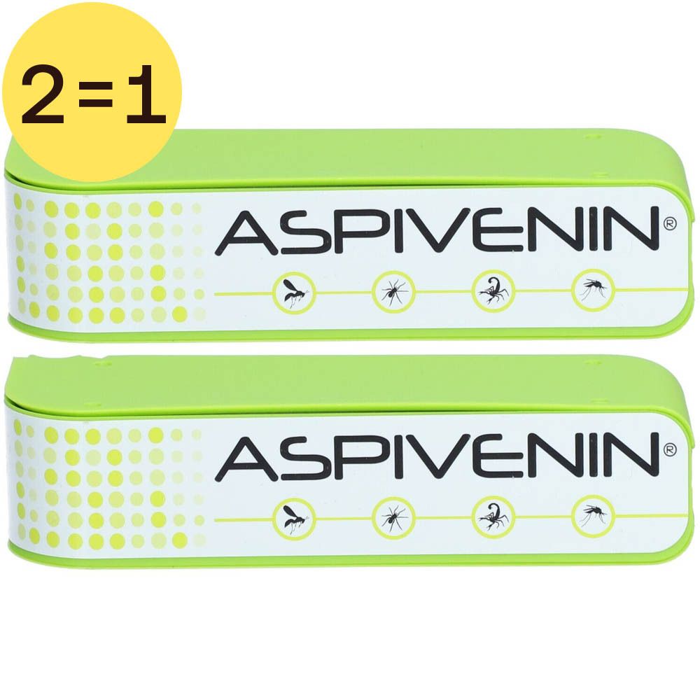 Deux boîtiers rectangulaires verts avec le mot ASPIVENIN. En haut à gauche, un cercle jaune avec "2=1".