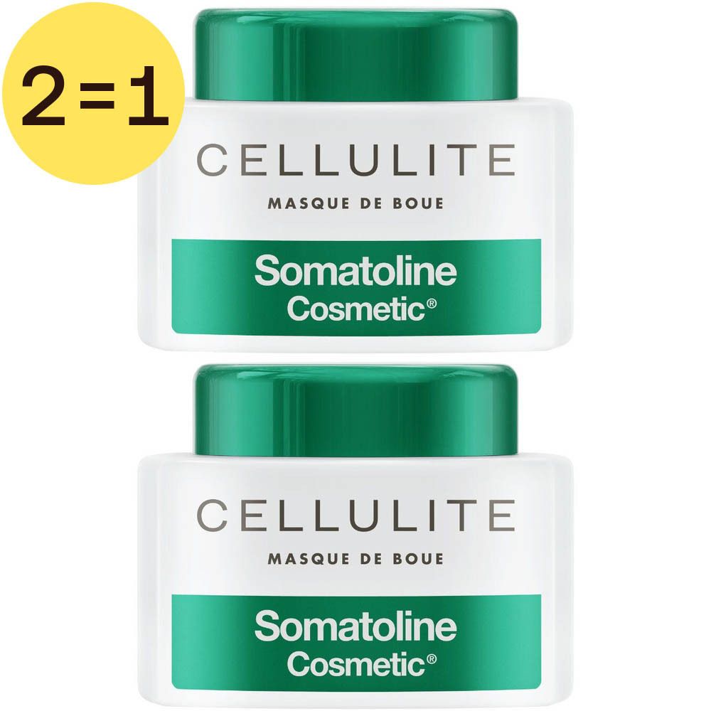 Twee witte potten met groene deksels. Opschrift CELLULITE, MASQUE DE BOUE en Somatoline Cosmetic. Label 2=1.