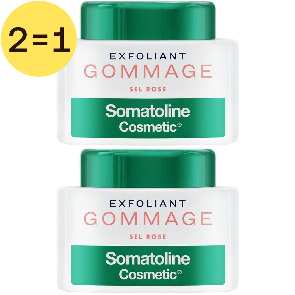 Deux pots avec couvercles verts et contenants blancs. Inscription: EXFOLIANT GOMMAGE SEL ROSE et Somatoline Cosmetic®. Cercle jaune avec 2=1.
