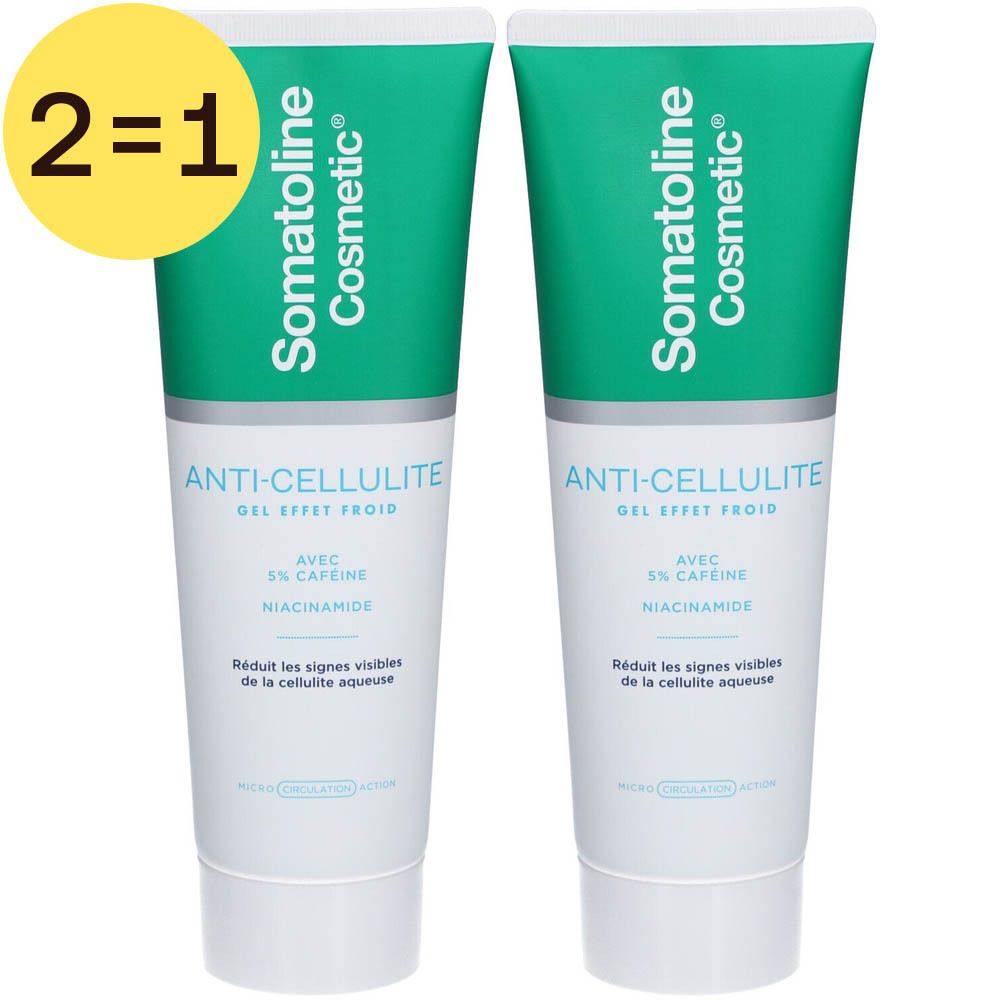 Twee tubes anti-cellulite gel. Groen-witte verpakking. Opschrift: Somatoline Cosmetic, Anti-Cellulite Gel, 2=1 aanbieding.