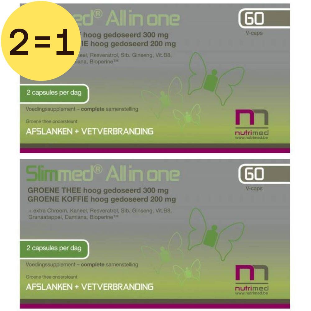 Twee dozen Slim&Comed All-in-One, groene tekst, 60 capsules. Opschrift: Groene thee. Promo 2=1.