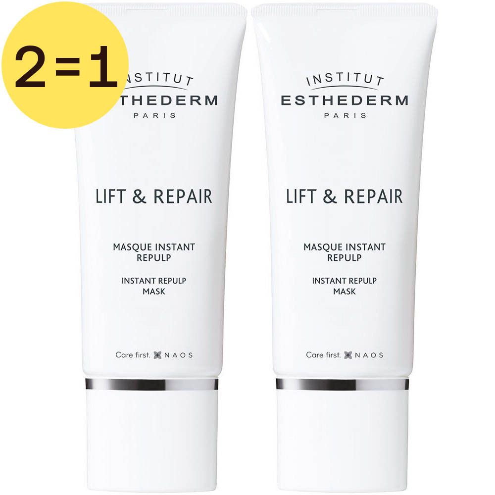 Deux tubes blancs avec texte. Inscription: Institut Esthederm, Lift & Repair, Masque Instant Repulp. Cercle jaune avec "2=1".