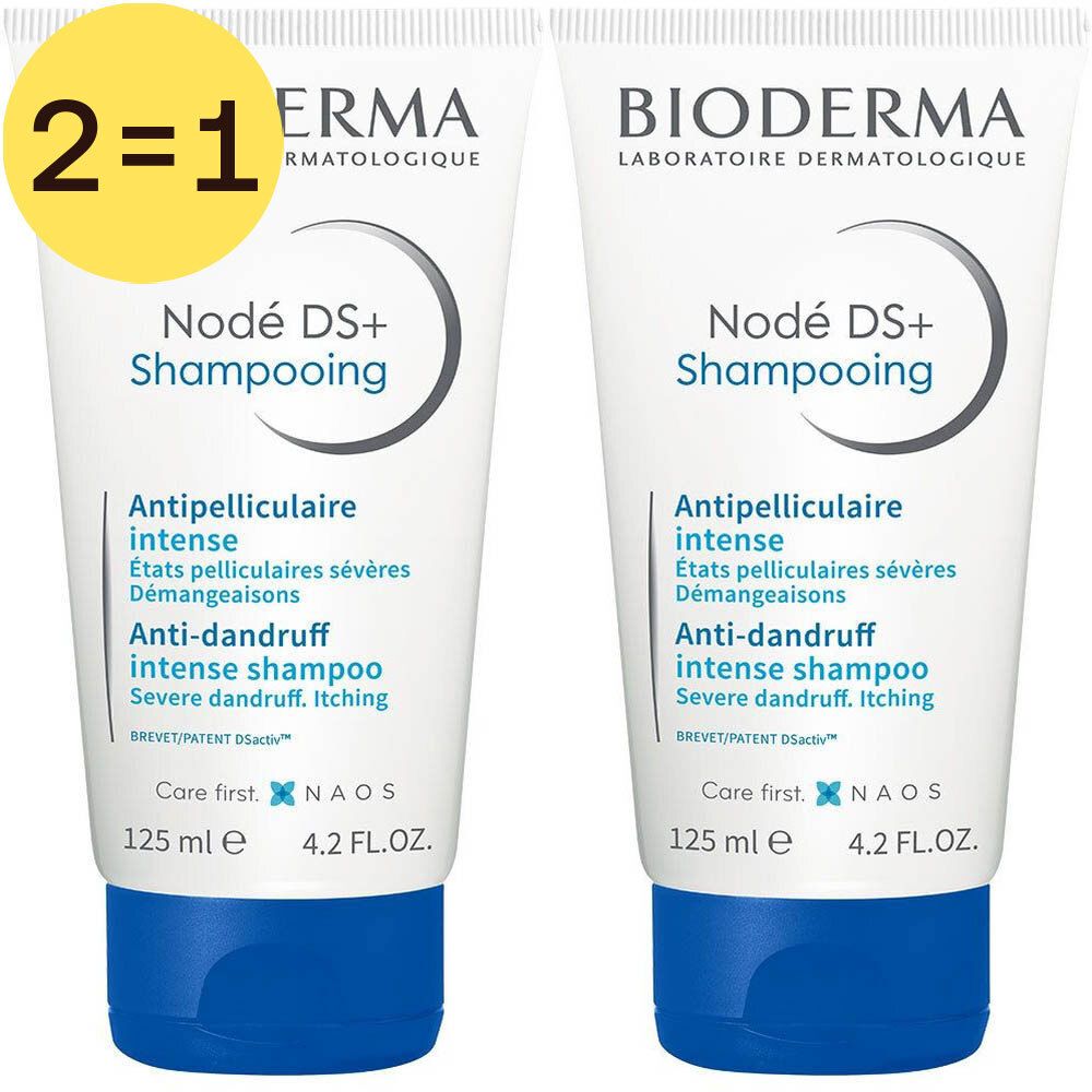 Twee tubes Bioderma Nodé DS+ Shampooing. Witte tubes met blauwe doppen. Tekst: Anti-roos shampoo, 125 ml, 2=1.