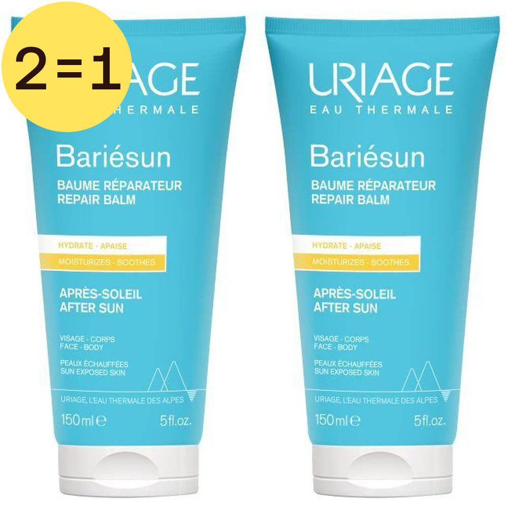 Twee blauwe tubes Uriage Bariésun Après-Soleil. Gele cirkel met "2=1". Tekst: Baume Réparateur, Après-Soleil.