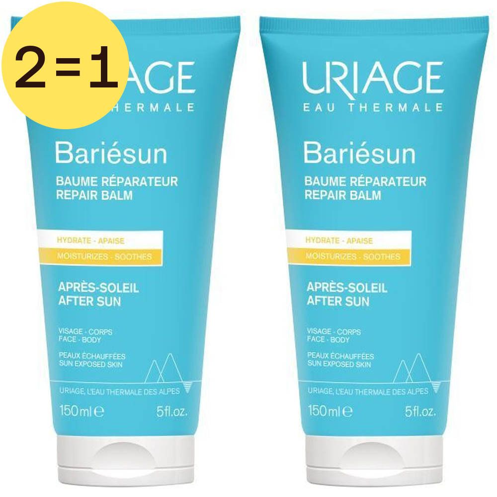 Twee blauwe tubes Uriage Bariésun Après-Soleil. Gele cirkel met "2=1". Tekst: Baume Réparateur, Après-Soleil.
