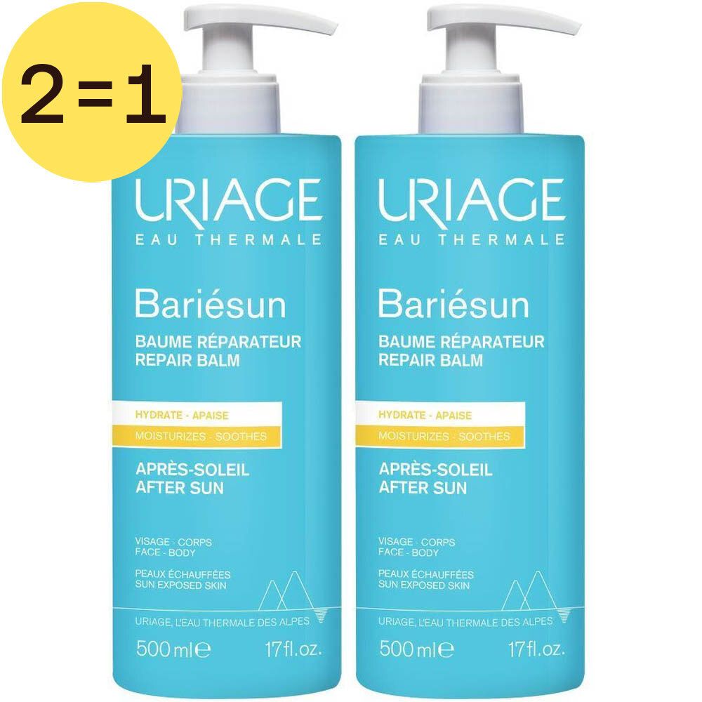 Twee blauwe flessen met witte pomp. Opschrift: Bariésun, Après-Soleil. Geel etiket met tekst. Gele cirkel met "2=1".