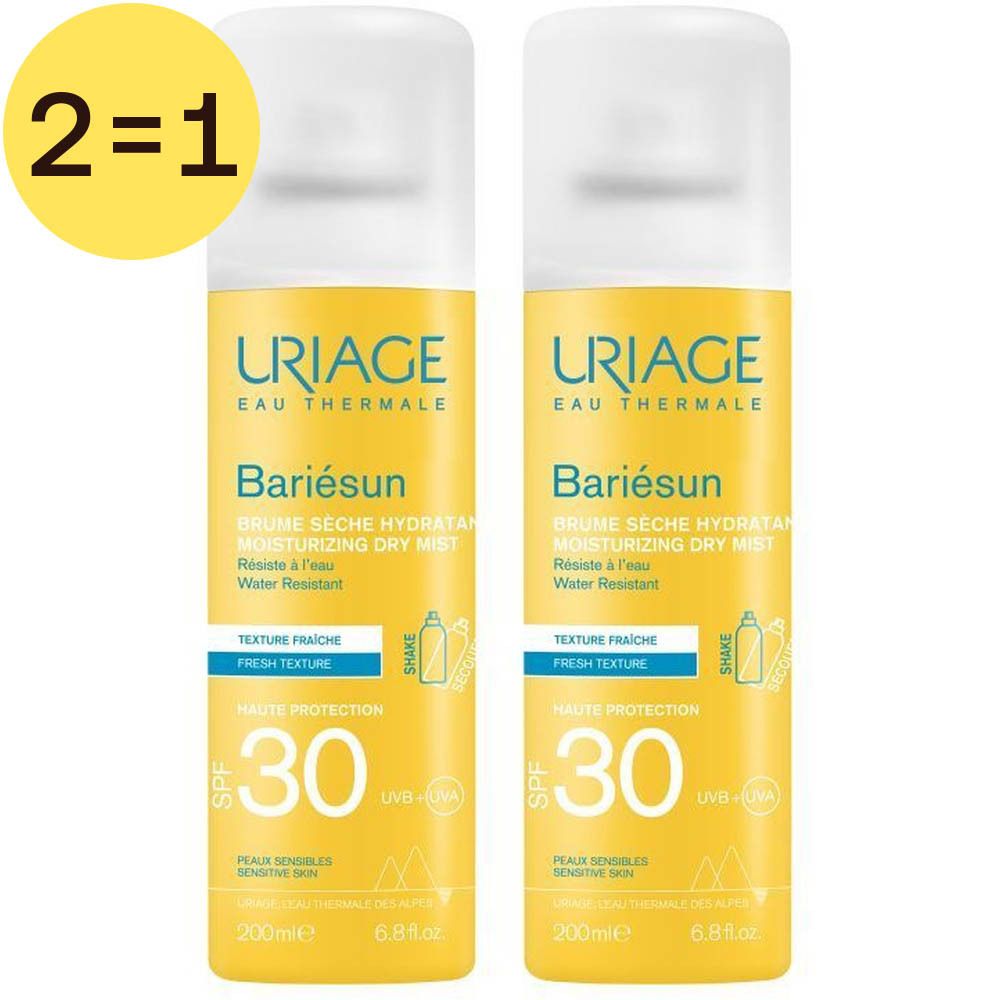 Twee gele sprays met witte dop. Opschrift: Uriage Bariésun SPF30. Op gele cirkel: 2=1.