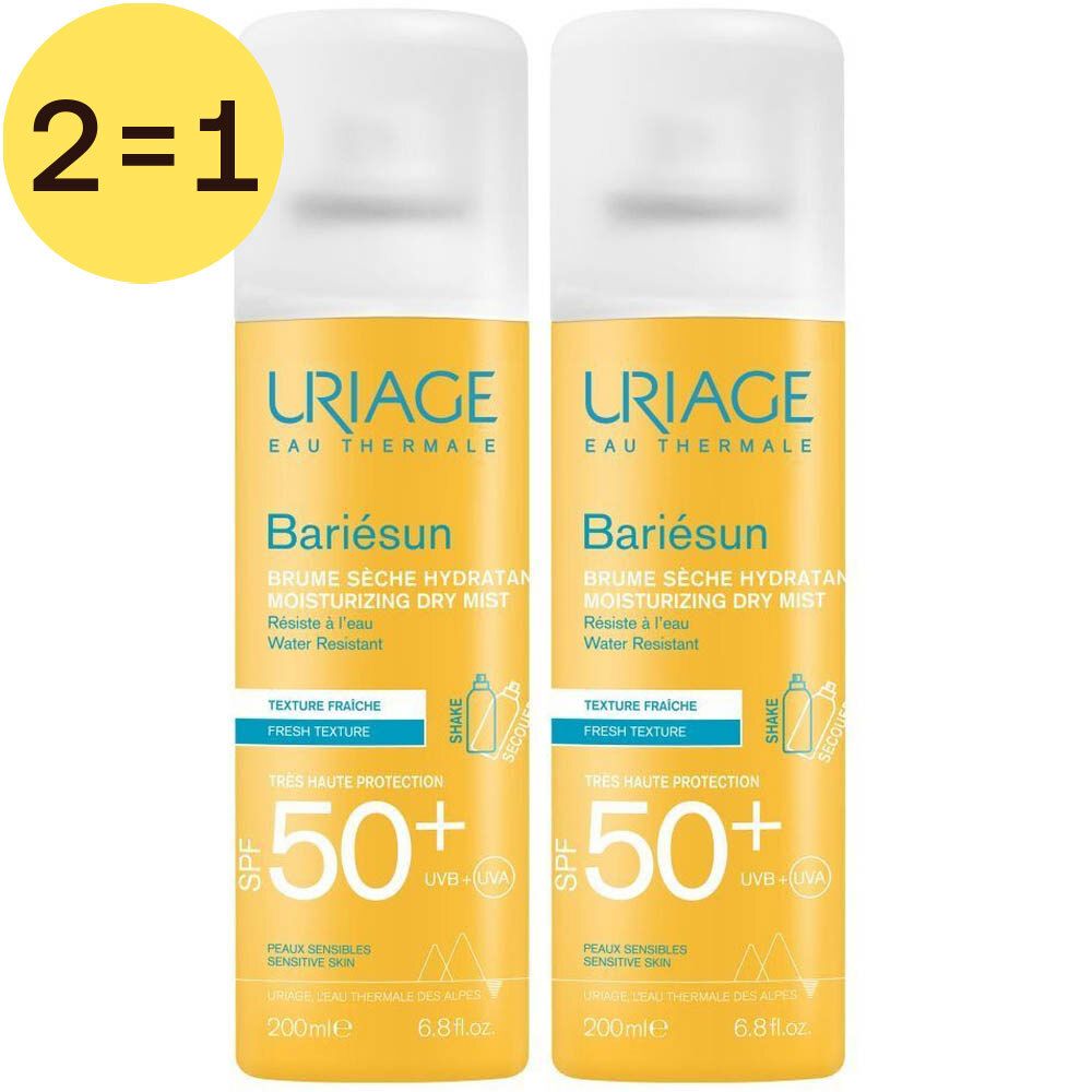 Twee Uriage Bariésun SPF50+ sprays. Gele flessen met witte dop. Opschrift: SPF 50+, 2=1.
