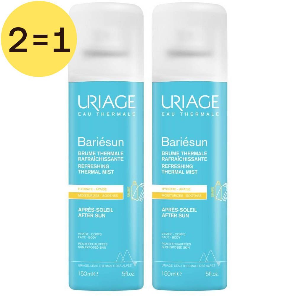 Twee blauwe sprays met witte dop. Opschrift: Uriage Bariesun, Après-Soleil. Geel etiket 2=1.