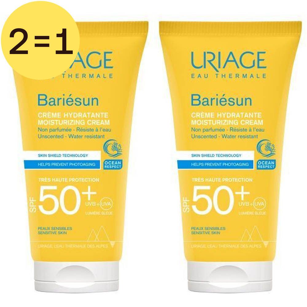 Twee gele tubes Uriage Bariésun zonnecrème SPF50+. Opschrift: Crème Hydratante. Sticker 2=1.