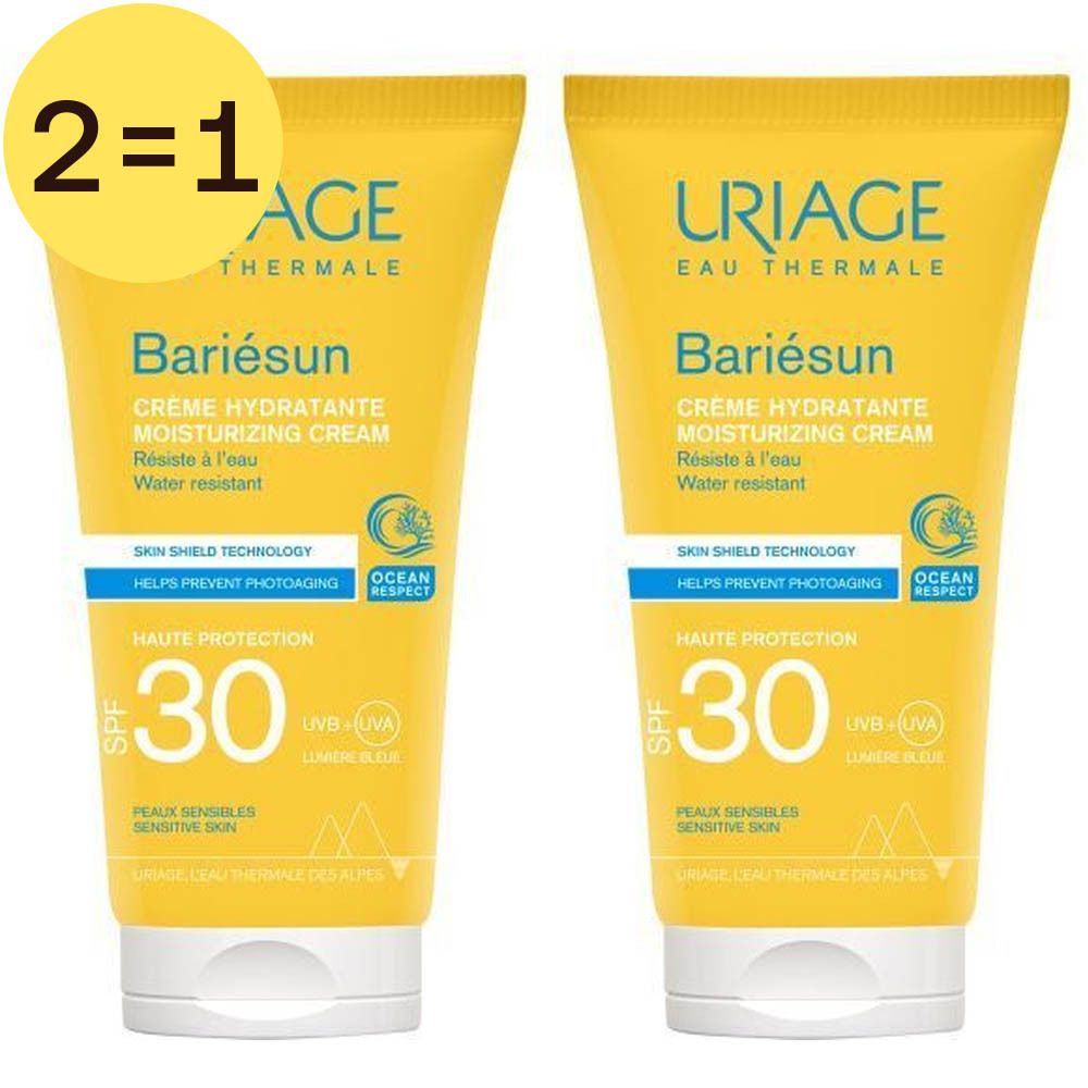 Twee gele tubes Uriage Bariésun Crème SPF30. Opschrift: Crème Hydratante, SPF 30, Ocean Respect.