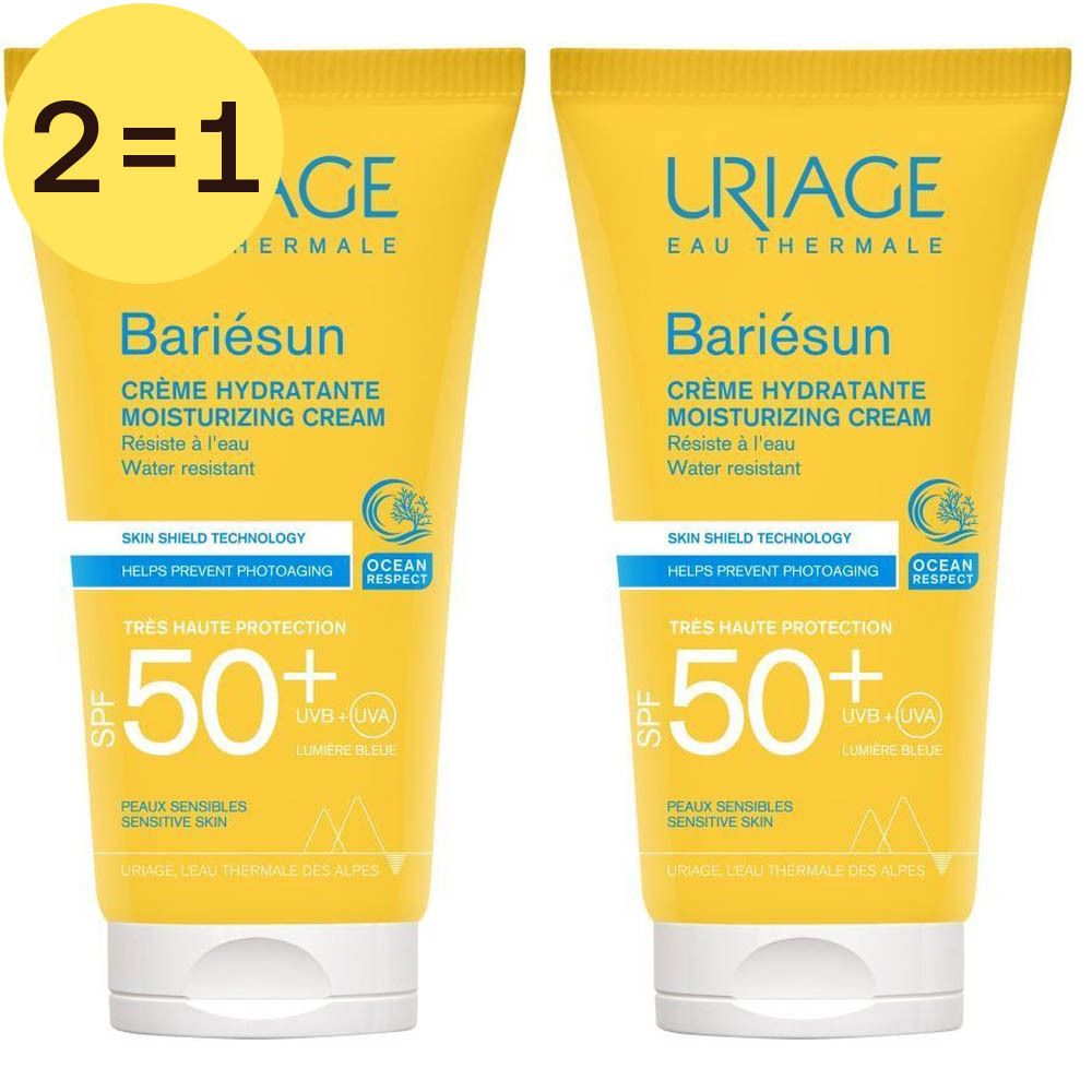 Twee gele tubes Uriage Bariésun SPF50+ crème. Opschrift: Crème Hydratante, 2=1. Blauwe en witte tekst.
