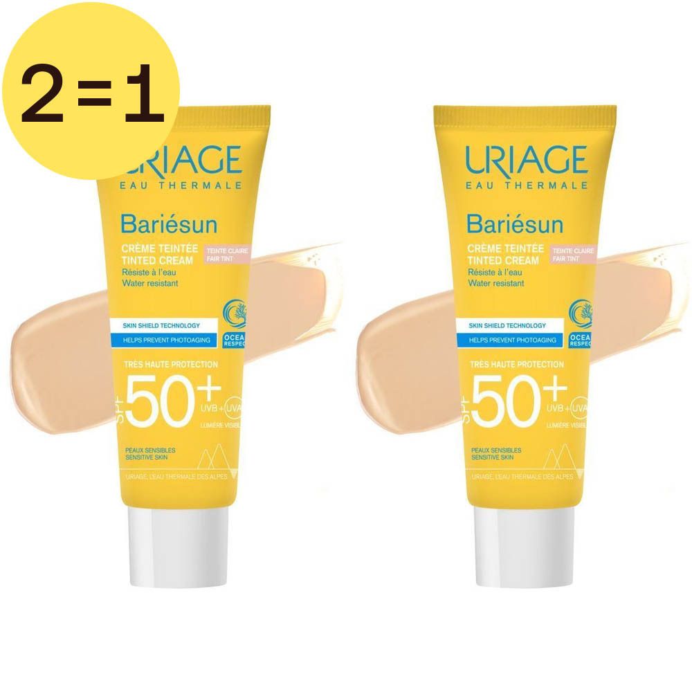 Twee gele tubes Uriage Bariésun crème met SPF 50+. Opschrift: Crème Teintée. Label 2=1.