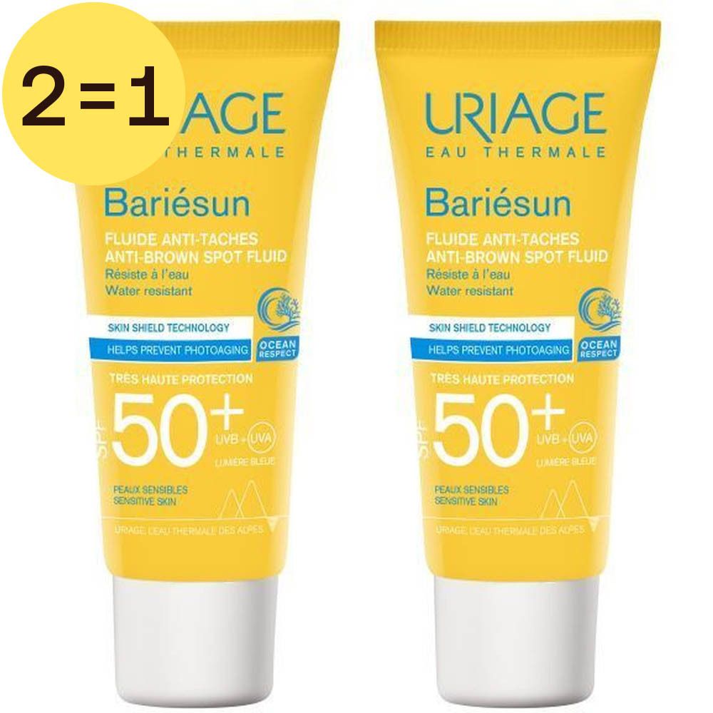 Twee gele tubes Uriage Bariésun Fluide Anti-Taches SPF50+. Opschrift: Anti-vlekken-vloeistof, waterbestendig, SPF 50+.