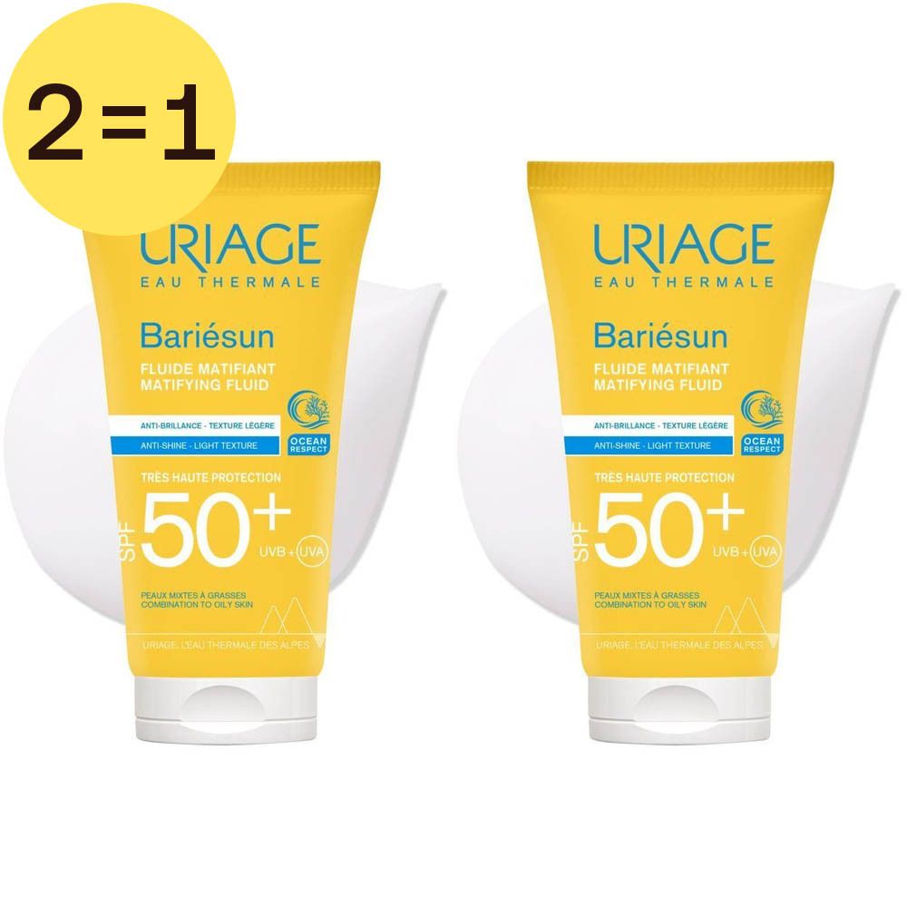 Deux tubes de Uriage Bariésun Mat Fluide SPF50+ avec étiquette jaune. Inscription: Bariésun, SPF50+, 2 pour 1.