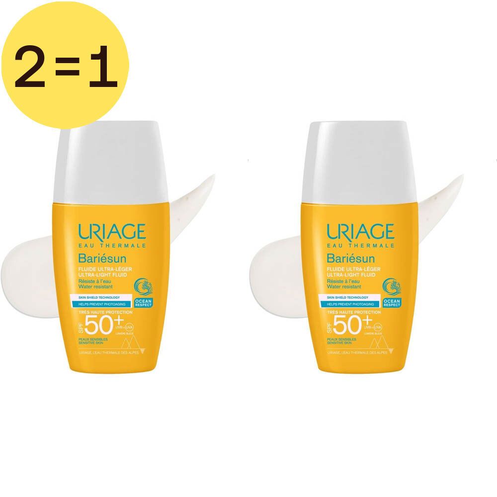 Twee flessen zonnebrandcrème met SPF 50+. Gele flessen met witte doppen. Opschrift: URIAGE, Bariésun. Geel promotielabel: 2=1.