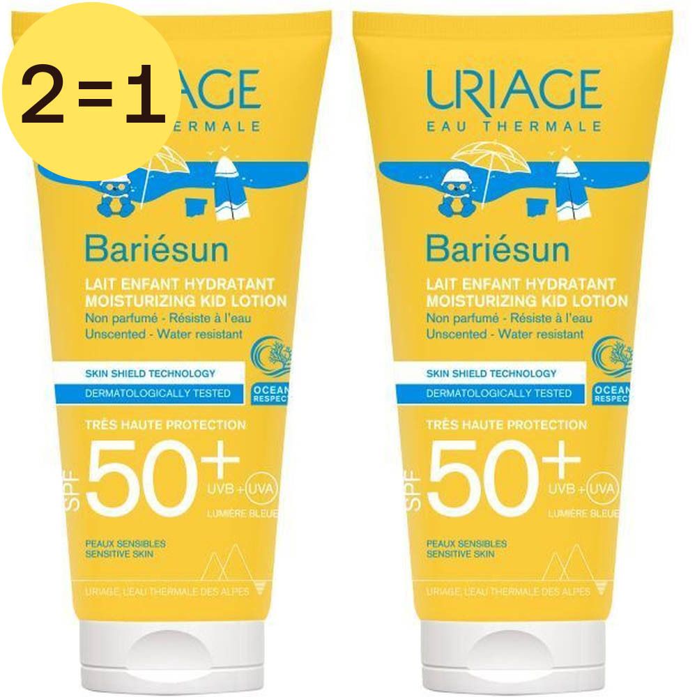 Twee gele tubes Uriage Bariésun Enfants Lait SPF50+ met tekst. Opschrift: 2=1. Bevat tekst in het Frans en Engels. Hoge bescherming tegen de zon.