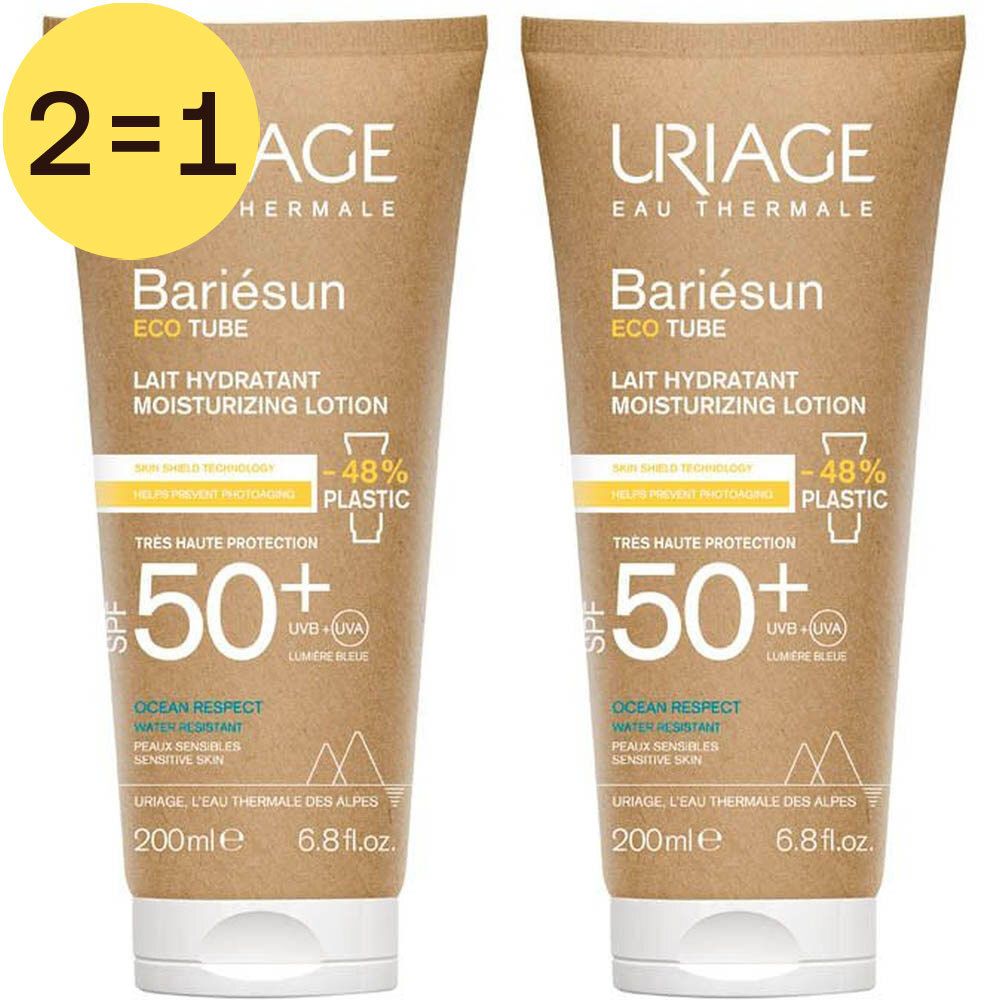 Twee tubes Uriage Bariésun Lait Hydratant SPF50+. Beige tubes met witte dop. Opschrift: 50+ en Ocean Respect.