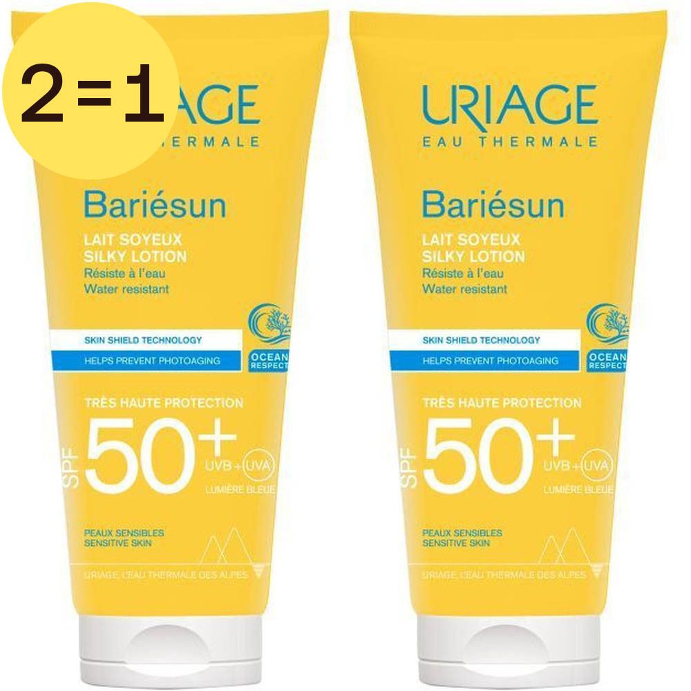 Twee gele tubes Uriage Bariésun Lait Soyeux SPF50+ met blauwe tekst. Opschrift: 2=1. Hoge bescherming voor gevoelige huid.
