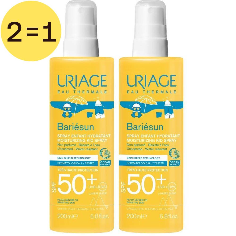 Twee gele sprays met witte sproeikop. Opschrift: Uriage, Bariésun, SPF 50+. 2=1 actie. Voor kinderen. Hydraterend.