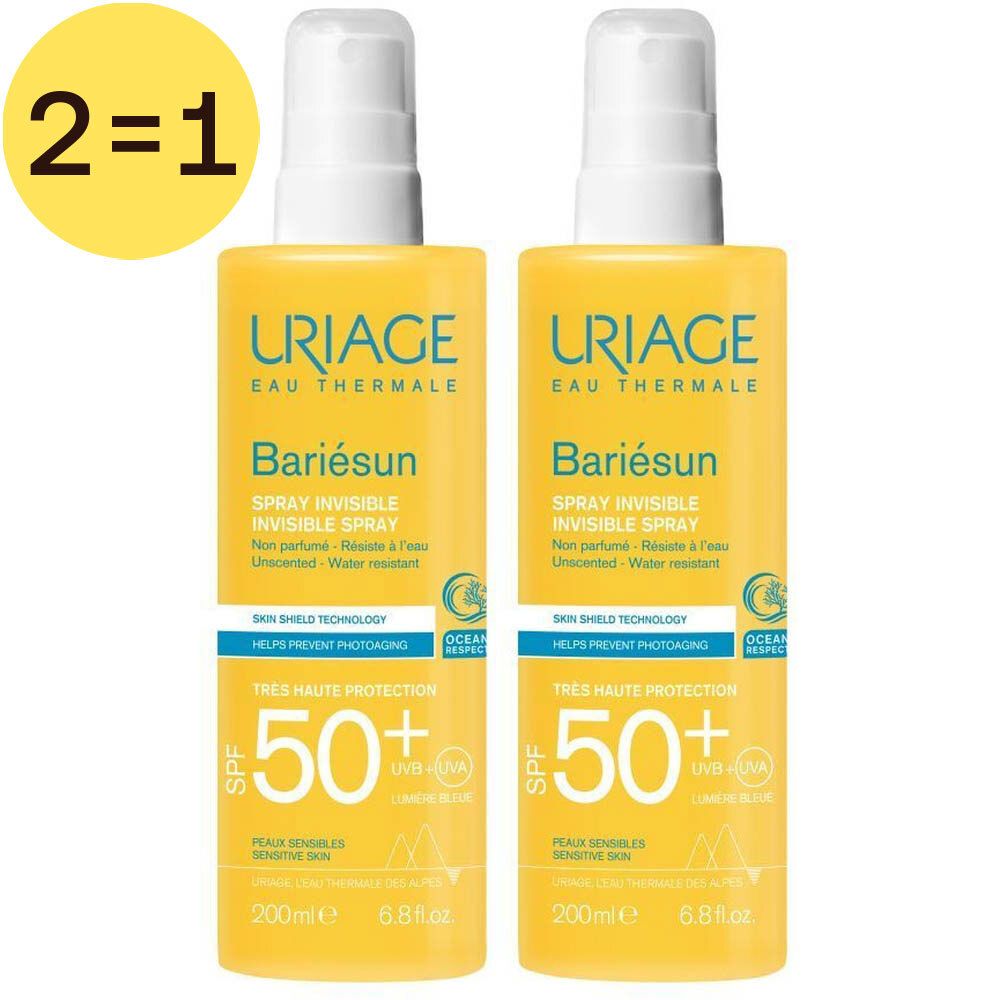 Twee gele Uriage Bariésun SPF50+ sprays met witte dop. Opschrift 2 voor 1. Inhoud 200ml.