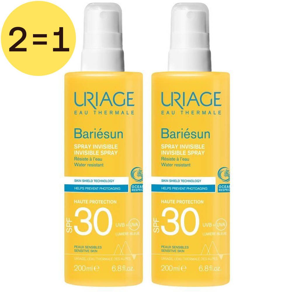 Twee gele sprays met witte sproeikop. Opschrift: Uriage Bariésun, SPF 30. Aanbieding: 2 voor 1.
