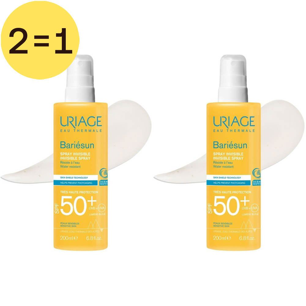 Deux flacons jaunes avec vaporisateur blanc. Inscription: Uriage Bariésun SPF50+. Étiquette jaune avec inscription 2=1.