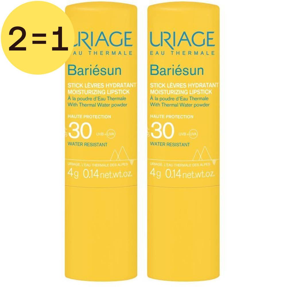 Deux sticks à lèvres jaunes. Inscription: Uriage Bariésun, SPF 30, résistant à l'eau. Un cercle jaune affiche "2=1".