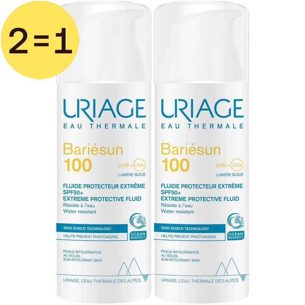 Twee flacons Uriage Bariesun 100. Witte flacons met blauwe tekst. Opschrift: SPF50+ Extreme Protective Fluid. Geel 2=1 label.