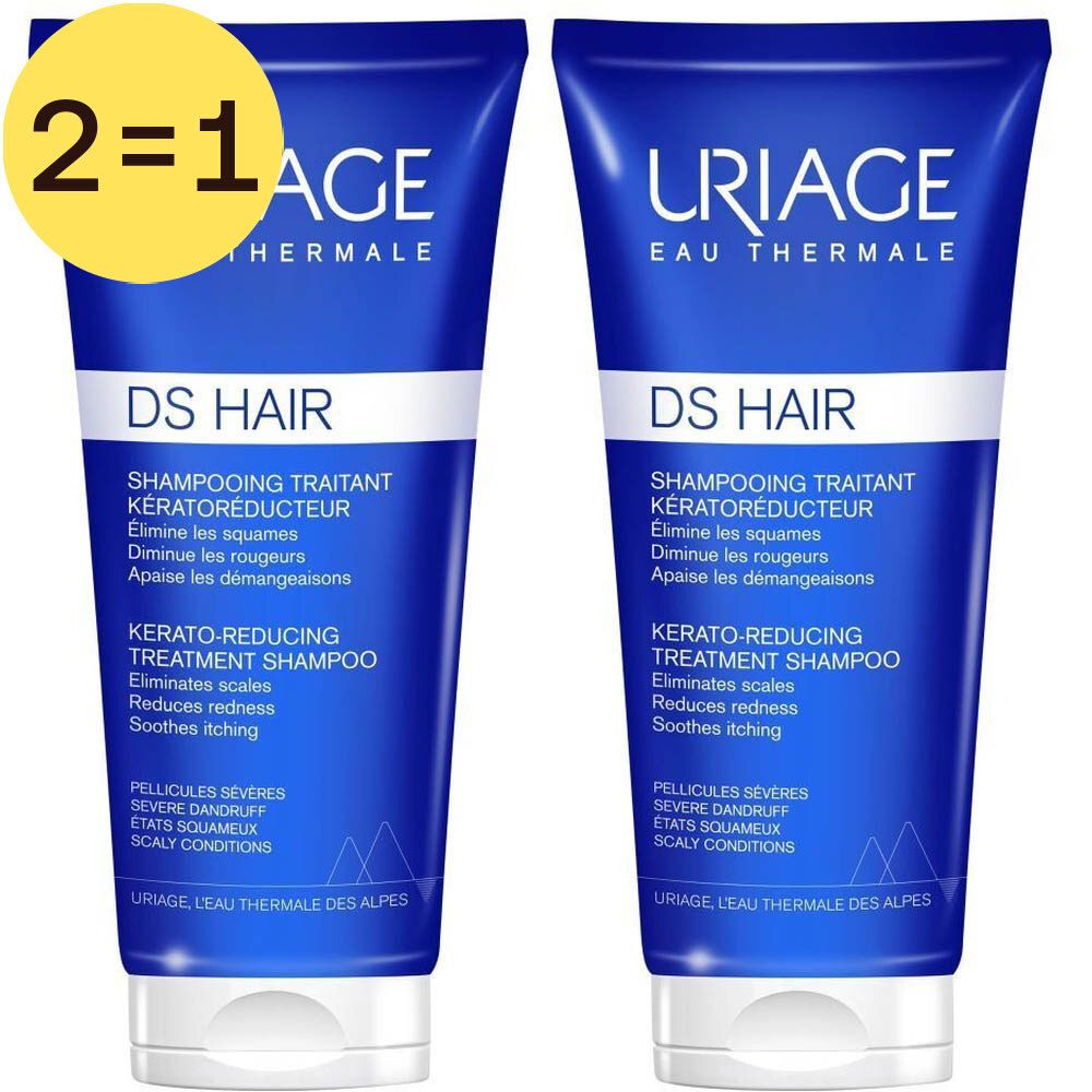 Twee blauwe tubes Uriage DS Hair shampoo. Opschrift: Shampooing Traitant Kératoréducteur. Gele cirkel met "2=1".