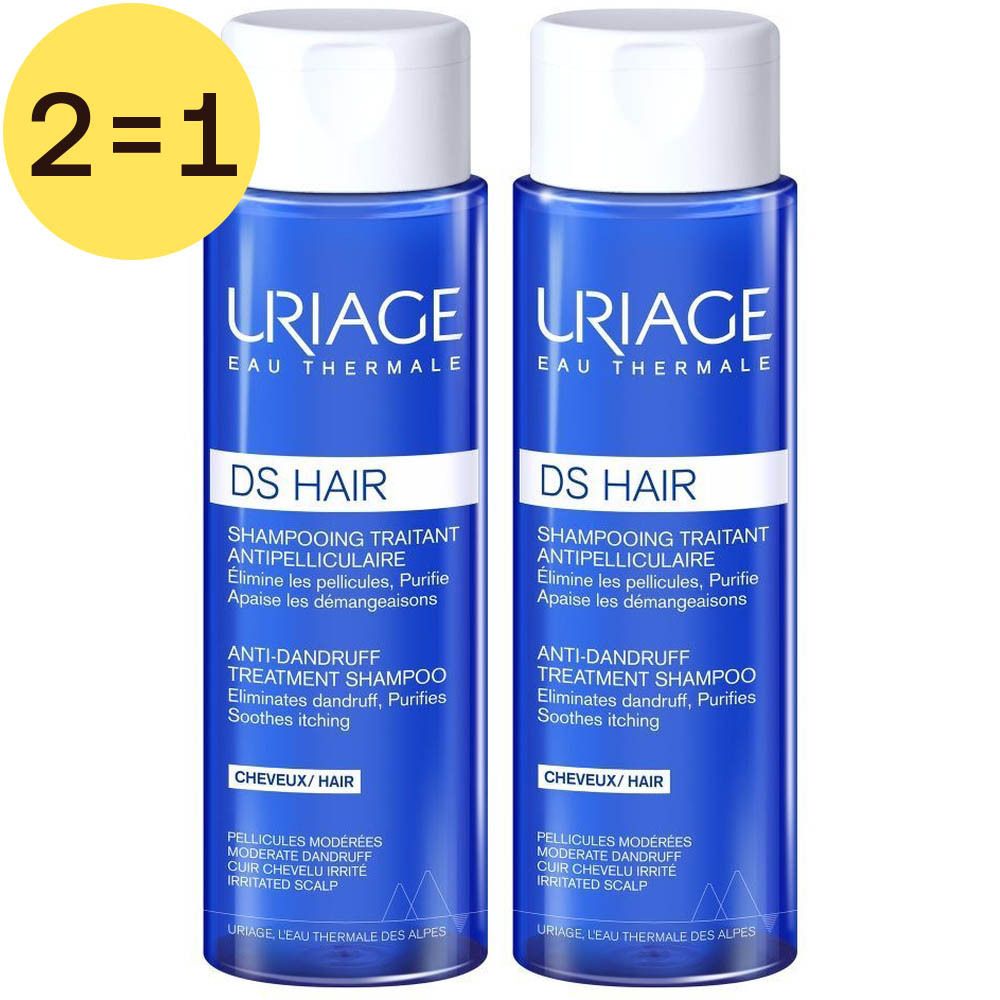 Twee blauwe flessen Uriage DS Hair Shampooing Traitant Antipelliculaire. Opschrift: Anti-roos shampoo, verzacht jeuk.