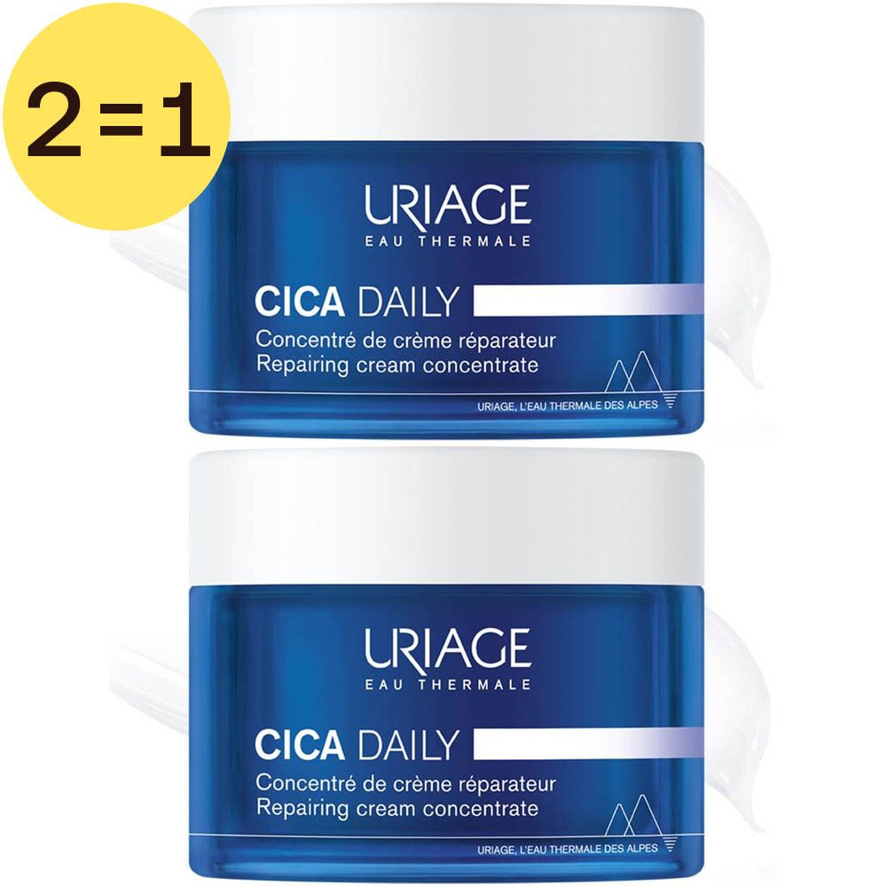 Twee blauwe potten met witte deksels. Opschrift: Uriage, Cica Daily, Crème Réparateur. Geel etiket: 2=1.