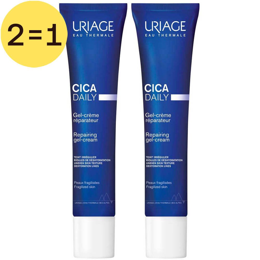 Twee blauwe tubes met witte dop. Opschrift: URIAGE, CICA DAILY, Gel-crème réparateur, Repairing gel-cream. Promo 2=1.