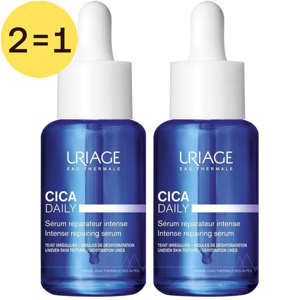 Twee blauwe flacons met witte sluiting. Opschrift: URIAGE, CICA DAILY, Sérum réparateur intense. Geel etiket: 2=1.