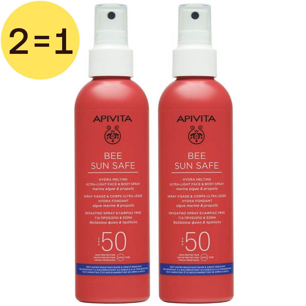 Deux sprays rouges avec vaporisateur blanc. Inscription: APIVITA BEE SUN SAFE SPF50. Étiquette jaune "2=1".