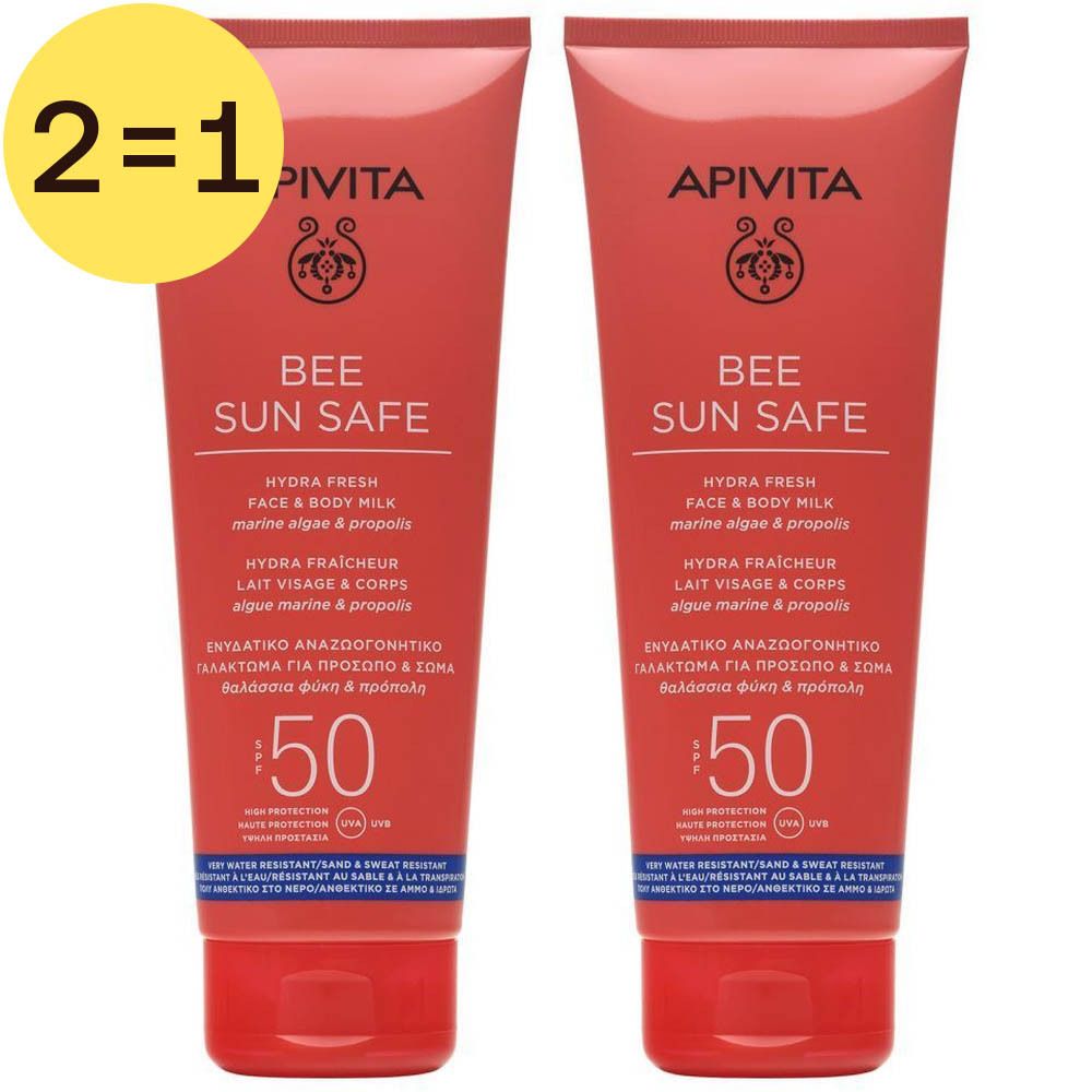 Twee tubes zonnebrandcrème. Opschrift: Apivita Bee Sun Safe Hydra Fresh Face & Body Milk SPF50. Gele 2=1 markering.