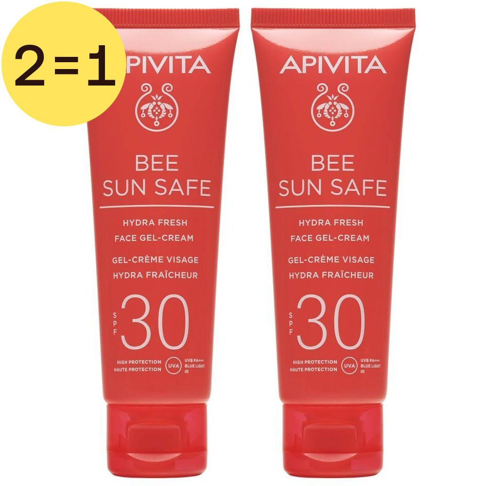 Twee tubes Apivita Bee Sun Safe Gel-Cream SPF30. Rode verpakking met witte tekst. Gele sticker met "2=1".