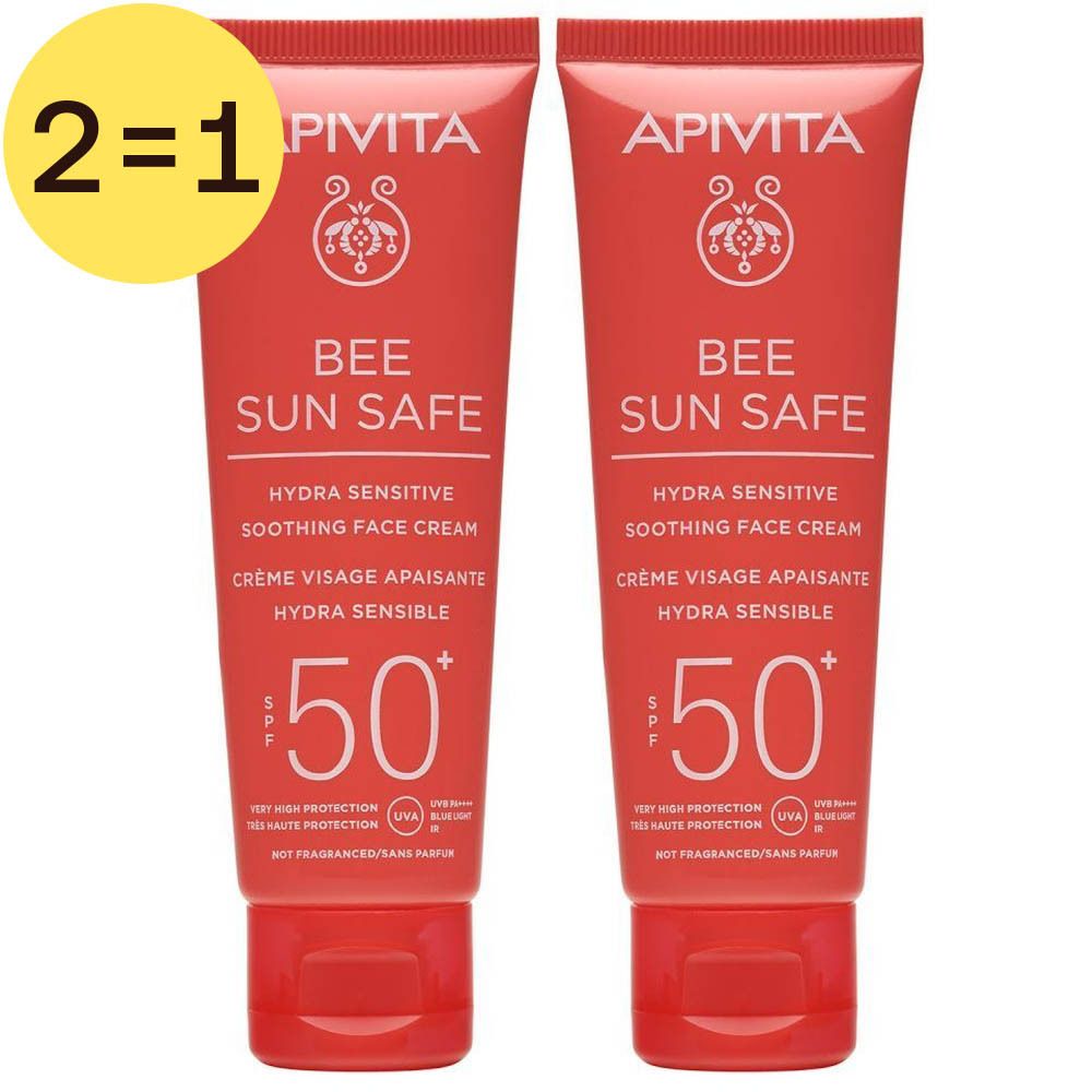 Deux tubes de crème solaire. Inscription: BEE SUN SAFE, SPF 50. Cercle jaune avec "2=1".