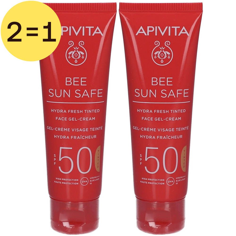 Twee rode tubes Apivita Bee Sun Safe SPF50 zonnecrème. Getinte gezichtsgel-crème. 2 voor 1 aanbieding, zichtbaar.
