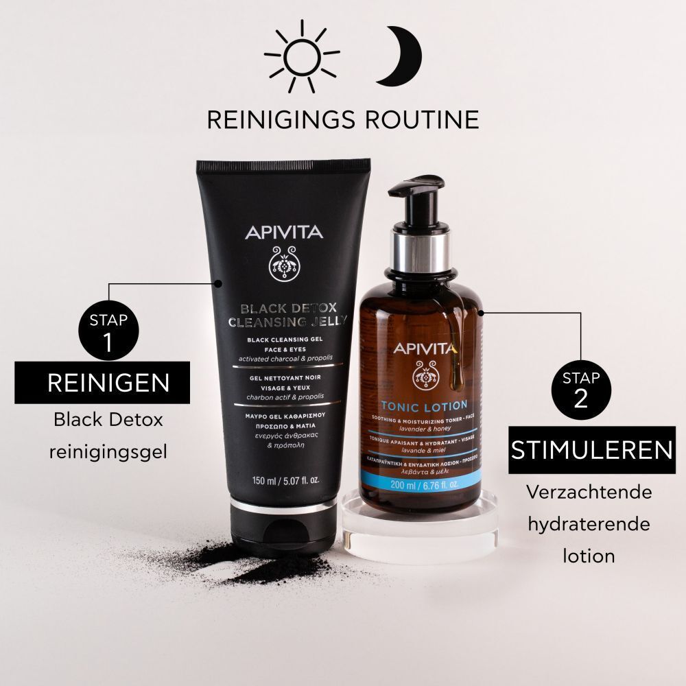 APIVITA Black Detox reinigingsgel en Tonic Lotion. Tekst: Reinigingsroutine. Zon- en maansymbolen.