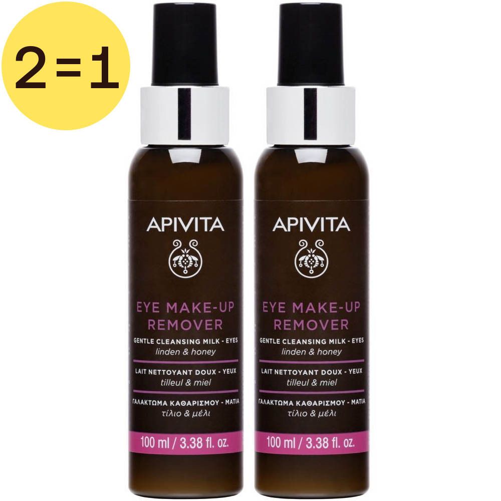 Twee flessen oogmake-up remover. Bruine flessen met zwarte dop en witte hals. Opschrift: APIVITA.