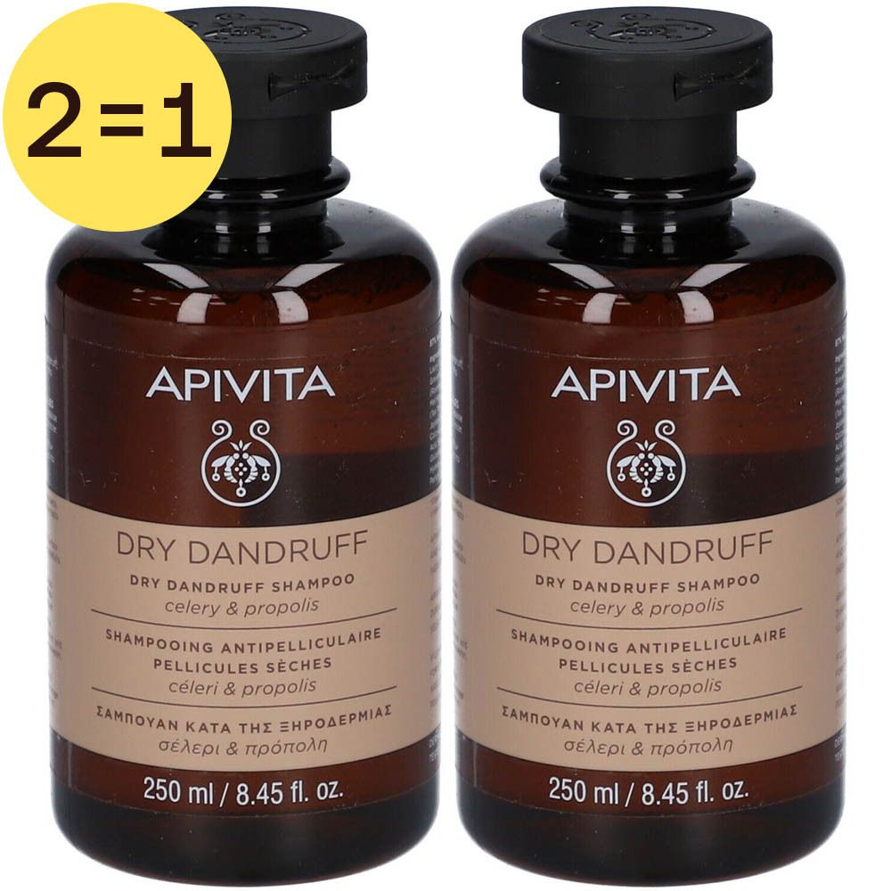 Twee flessen Apivita Dry Dandruff Shampoo. Bruine flessen met zwarte dop. Opschrift: Dry Dandruff, 250 ml.