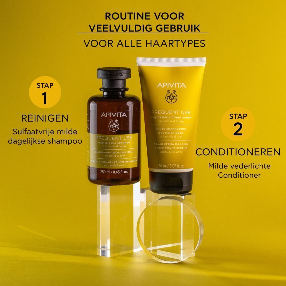 Shampoo en conditioner flessen op sokkels. Tekst: Routine voor veelvuldig gebruik, Stap 1, Stap 2.