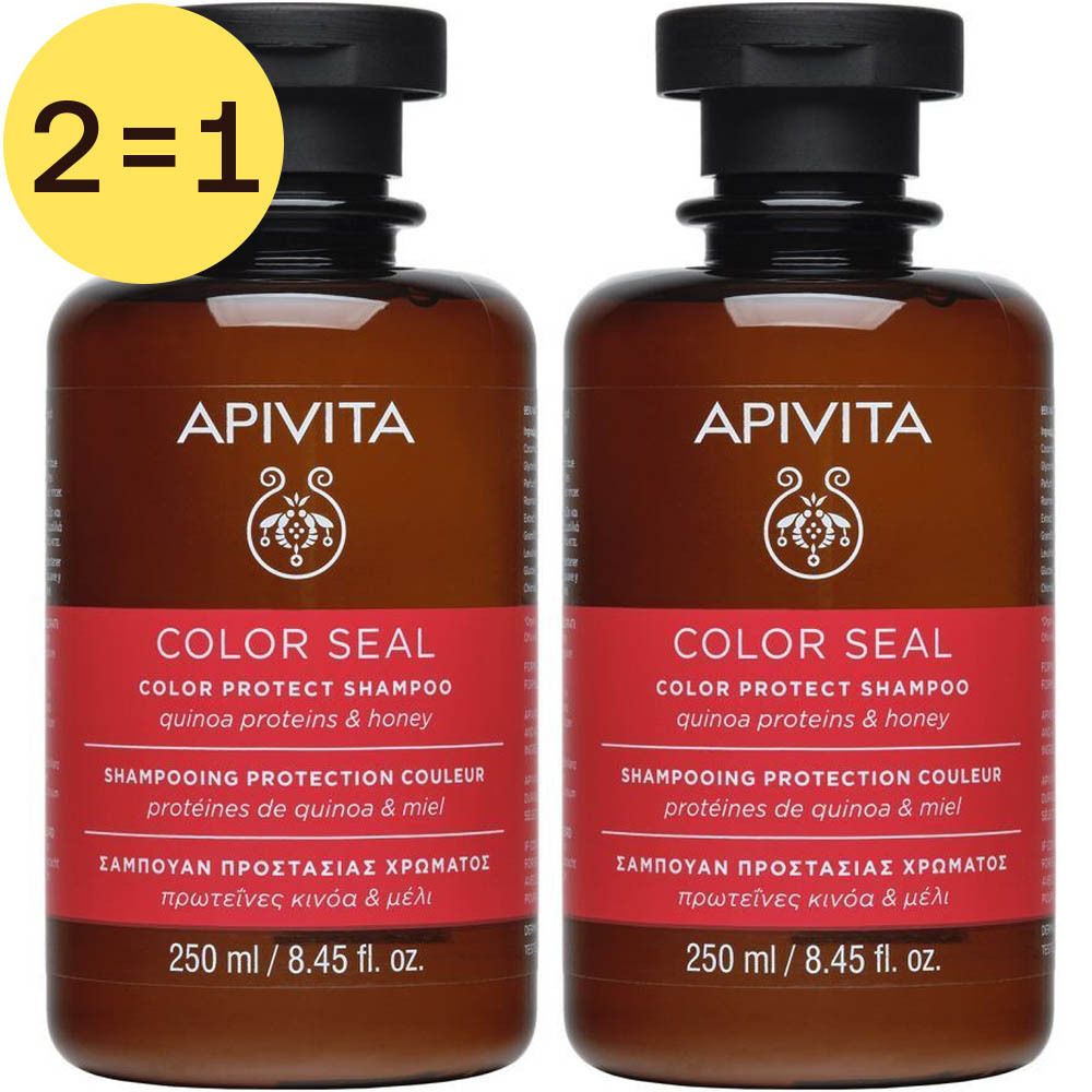 Twee bruine flessen met zwarte dop. Opschrift: APIVITA, COLOR SEAL, Color Protect Shampoo. 2=1 sticker.