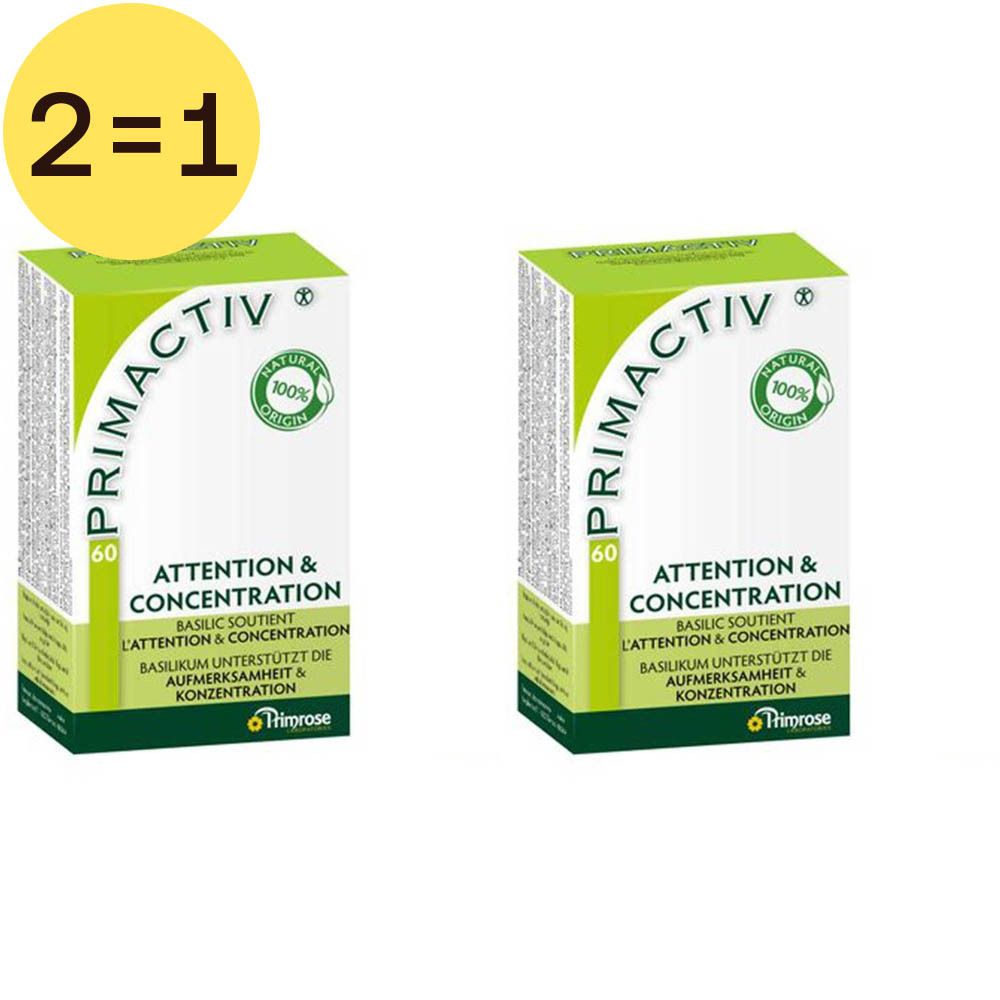 Deux boîtes vertes Primactiv avec "Attention & Concentration". Autocollant 2=1.